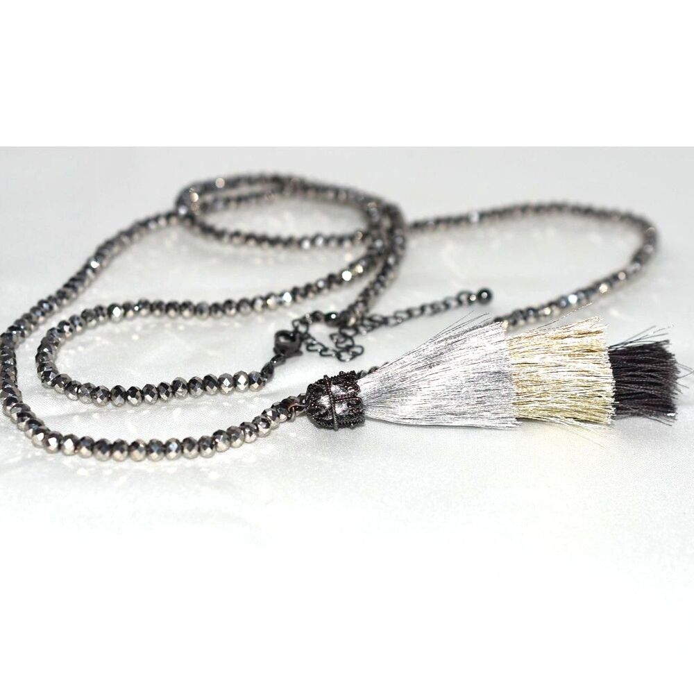 Boho Glam Black Sparkle Beads Tri Color Pom Pom 3"Tassel Pendant 32" Necklace